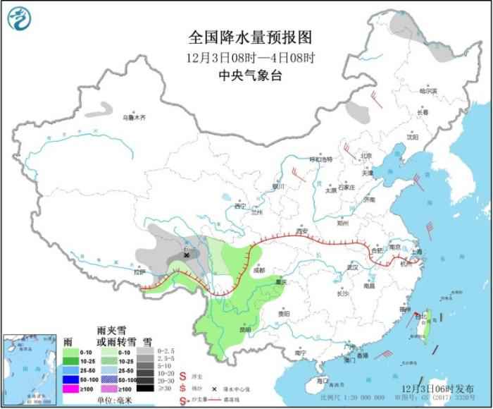 图1 全国降水量预报图(12月3日08时-4日08时)