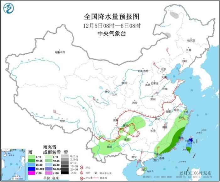 图3 全国降水量预报图(12月5日08时-6日08时)