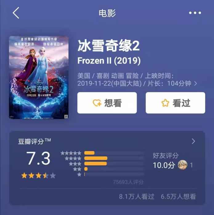 《冰雪奇缘2》豆瓣评分
