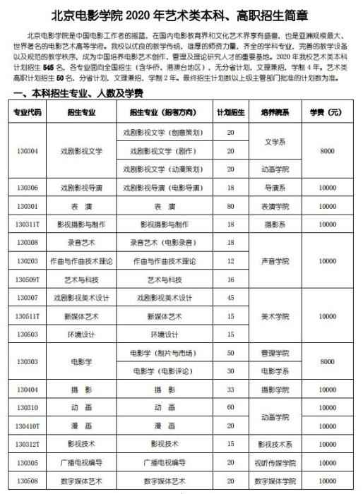 北京电影学院2020年艺术类本科、高职招生简章截图