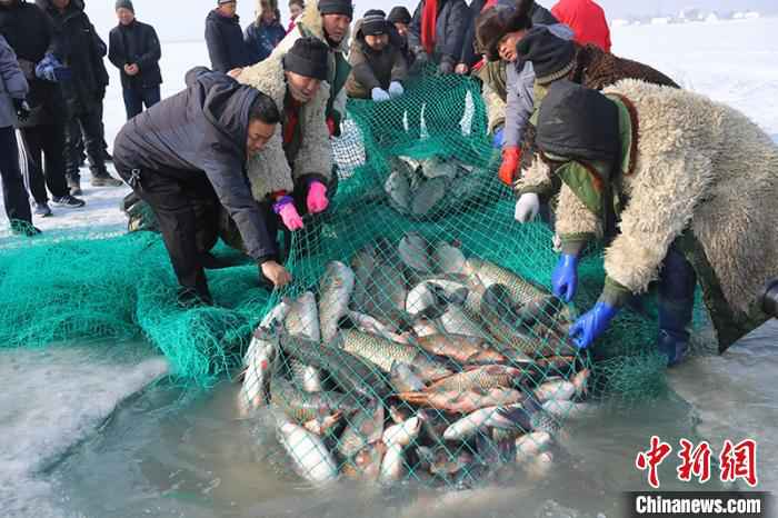 现场打捞博斯腾湖野生鱼。　年磊 摄