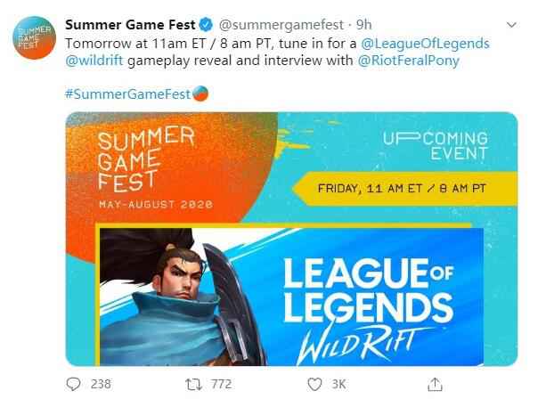 夏日游戏节：《英雄联盟》手游明日公布演示