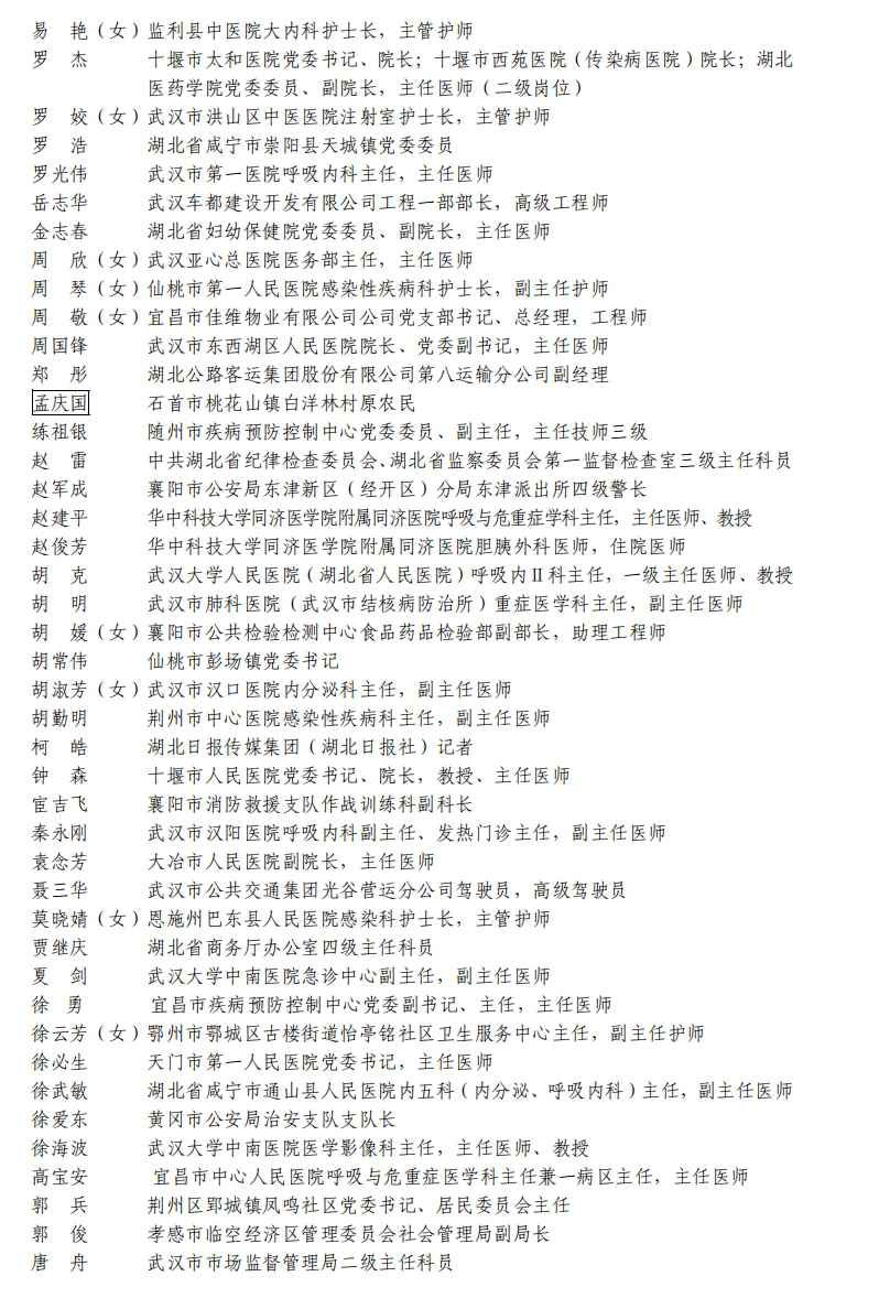 湖北抗疫国家级表彰评选推荐名单公示：刘智明