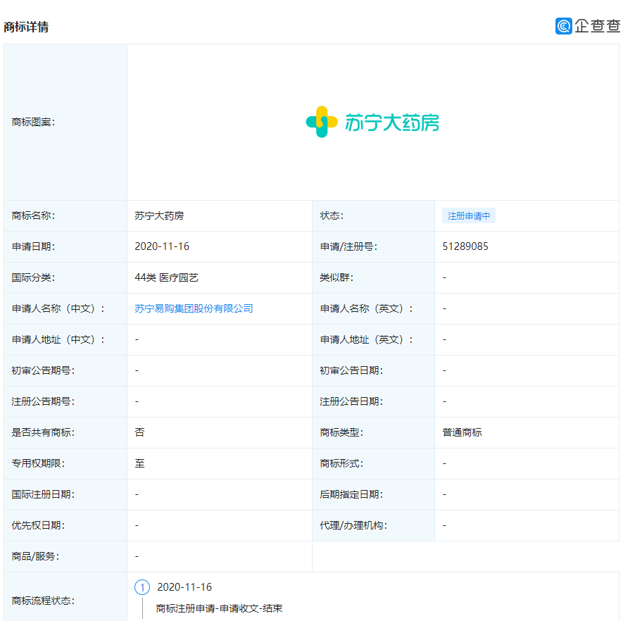 企查查显示苏宁申请“苏宁大药房”商标